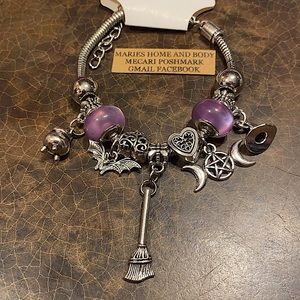 Purple Silver Pandora Style bead charm bracelet witch broom hat caldron bat moon